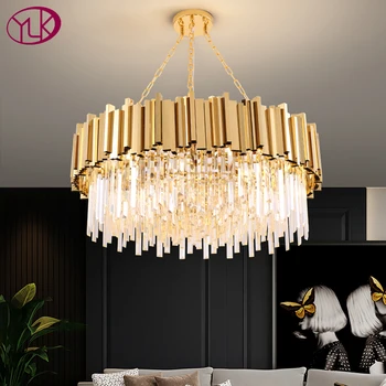 Гостиная золотая хрустальная люстра роскошный современный домашний декор подвесной светильник круглая столовая хрустальная лампа с регулируемой яркостью