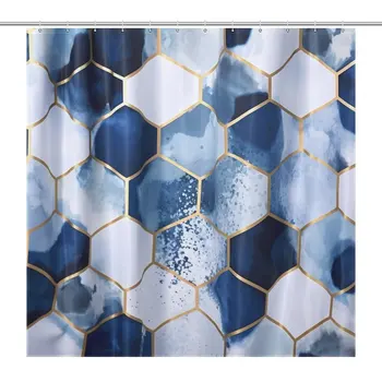 Набор штор для душа в геометрической форме современного искусства, небесно-голубая темно-синяя водонепроницаемая ткань, декор для ванной комнаты Cortinas с крючками 12шт и ковром