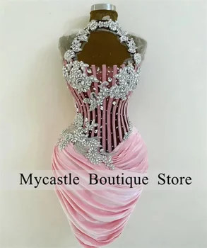 Сексуальные розовые мини-коктейльные платья из прозрачной сетки 2024 года для чернокожих девушек, короткие платья для выпускного вечера, аппликации, платье для дня рождения