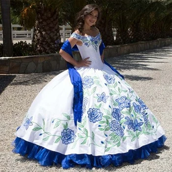 Пышные Королевско-синие и белые вечерние платья Quinceanera С вышитыми оборками, платья для выпускного вечера Sweet 16 длиной до пола