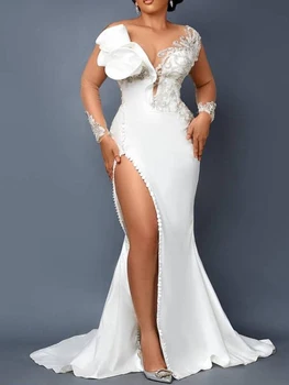 Manray Элегантная иллюзия Русалки, сексуальное мусульманское свадебное платье, свадебные платья для невесты, атласные кружевные вечерние платья с длинными рукавами 2023 г.