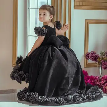 Свадебное платье принцессы-цветочницы, Черная аппликация со шлейфом, официальная вечеринка, Элегантное детское праздничное платье для первого причастия