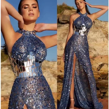 Изысканное Женское бальное платье Royal Blue Hater Без рукавов, расшитое бисером и блестками, с разрезом сбоку, Роскошное Модное вечернее платье для выпускного вечера в стиле Ампир 2023