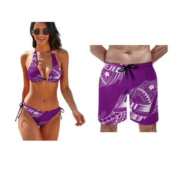 Индивидуальный комплект купальников для пары, бикини в стиле полинезийских дам в стиле ретро, мужские пляжные шорты с новым принтом 2023 года на заказ