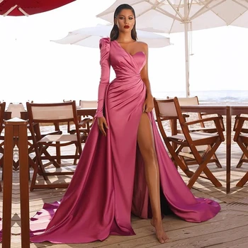 Розово-розовые атласные сексуальные вечерние платья на одно плечо с высоким разрезом трапециевидной формы для женщин, вечерние платья для выпускного вечера знаменитостей.