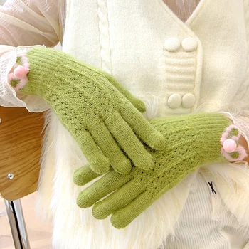 Женские Ветрозащитные Шерстяные варежки с заячьими ушками, вязаные перчатки с сенсорным экраном, зимние Милые мультяшные утепленные перчатки