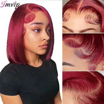 IAMVIP 13 × 4 HD Прозрачные Парики из натуральных волос на кружеве Для чернокожих Женщин, Боб Реми, Натуральные Волосы 99J, Бордовый, Предварительно Выщипанные Натуральные Волосы