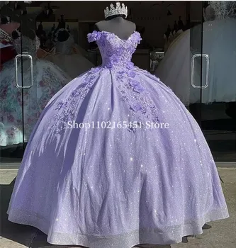 Пышные платья лавандового цвета, кружевное платье Sweet 16 с открытыми плечами, 3D цветочная аппликация из бисера, Корсетное платье Vestidos De