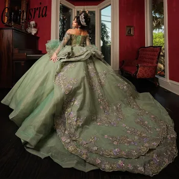 Зеленое бальное платье с открытыми плечами, пышные платья 2023 Sweet 16, вечерние платья принцессы с аппликацией, Vestido De 15 Anos