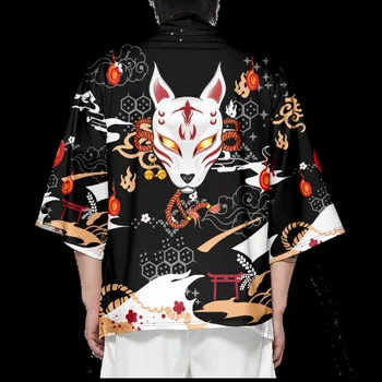 Кимоно с принтом маски Черной Лисы Man Haori, Японская уличная одежда в стиле Самурай Харадзюку, куртка, Кардиган Obi