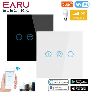 ЕС WiFi Смарт Стеклянная панель Настенный сенсорный выключатель Выключатель диммера Smart Life Приложение Tuya Пульт дистанционного управления для Alexa Google Home