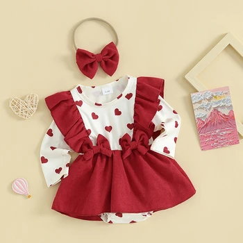 Осенние наряды для маленьких девочек из 2 предметов, вельветовый комбинезон с сердечным принтом и повязкой на голову, комплект детской одежды