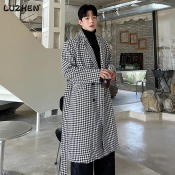 Мужское длинное пальто LUZHEN, высококачественный тренч в клетку длиной до колена, Корейские модные Повседневные ветровки, Осеннее новое пальто 21dd2d