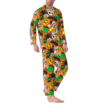 Жуткие пижамные комплекты на Хэллоуин, Милая тыква, Мягкая пижама, Мужская Повседневная одежда с длинным рукавом, 2 предмета, Плюс Размер 2XL