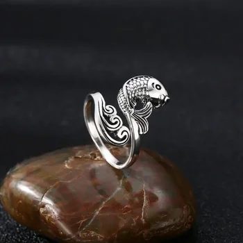 Настоящее кольцо из стерлингового серебра S925 Пробы, Подарок для мужчин и женщин, Счастливые морские волны, Рыба Кои, Регулируемое кольцо с открытой лентой