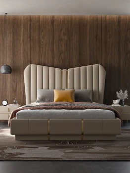Итальянская легкая роскошная кожаная кровать, элитный дизайнер главной спальни, высококачественная современная и простая двуспальная кровать