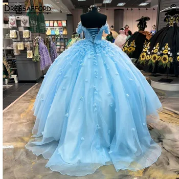 Небесно-голубое бальное платье принцессы с открытыми плечами, пышные платья для девочек, расшитые бисером вечерние платья знаменитостей, 3D Цветы, выпускной