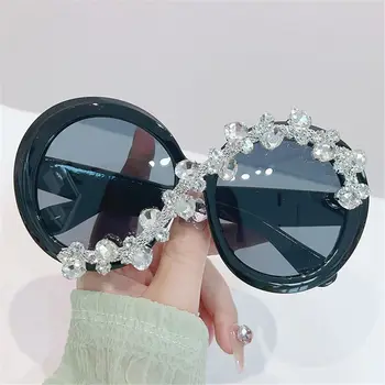 Солнцезащитные очки в круглой оправе, декорированные стразами, Асимметричный дизайн, защита от UV400, эстетические солнцезащитные очки больших оттенков Y2K