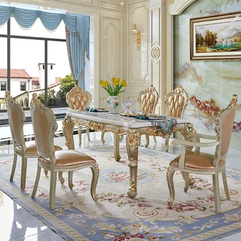 Сочетание обеденного стола и стула в европейском стиле, мраморный столик для цветов с резьбой по массивному дереву, прямоугольник для небольшого домашнего ресторана