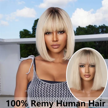 100% Парики Из Человеческих Волос Короткие Прямые Омбре Блонд Полностью Машинного Производства Парик с Челкой для Женщин Бразильский Реми Человеческих Волос на каждый день