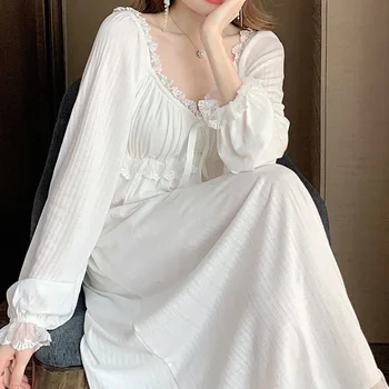 Ночная рубашка, платье New Ladie's Large Для хлопчатобумажной ночной одежды, ночная рубашка с длинным рукавом, Женские ночные рубашки свободного размера с белым рукавом