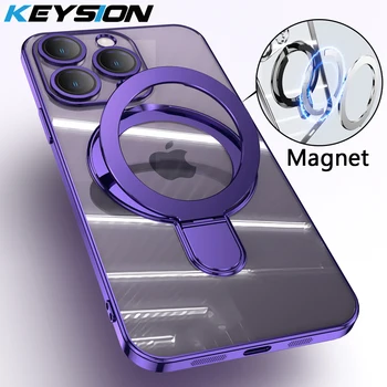 Прозрачный чехол с защитным покрытием KEYSION для MagSafe для iPhone 15 Pro Max 15 Plus 14 13 12, защитная крышка для камеры с магнитной подставкой, чехол для телефона