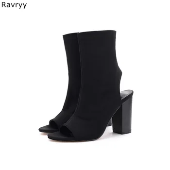 Ins/ Модные женские короткие сандалии, эластичные черные ботильоны, осенняя новейшая женская обувь на квадратном каблуке с открытым носком, женские модельные туфли